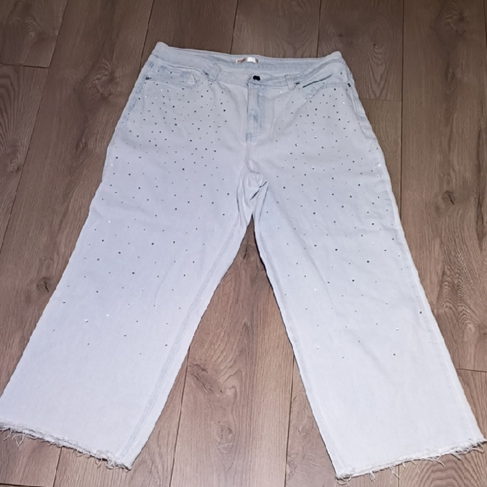 Stylish Light Blue Wide‎ Leg Jeans with Rhinestones